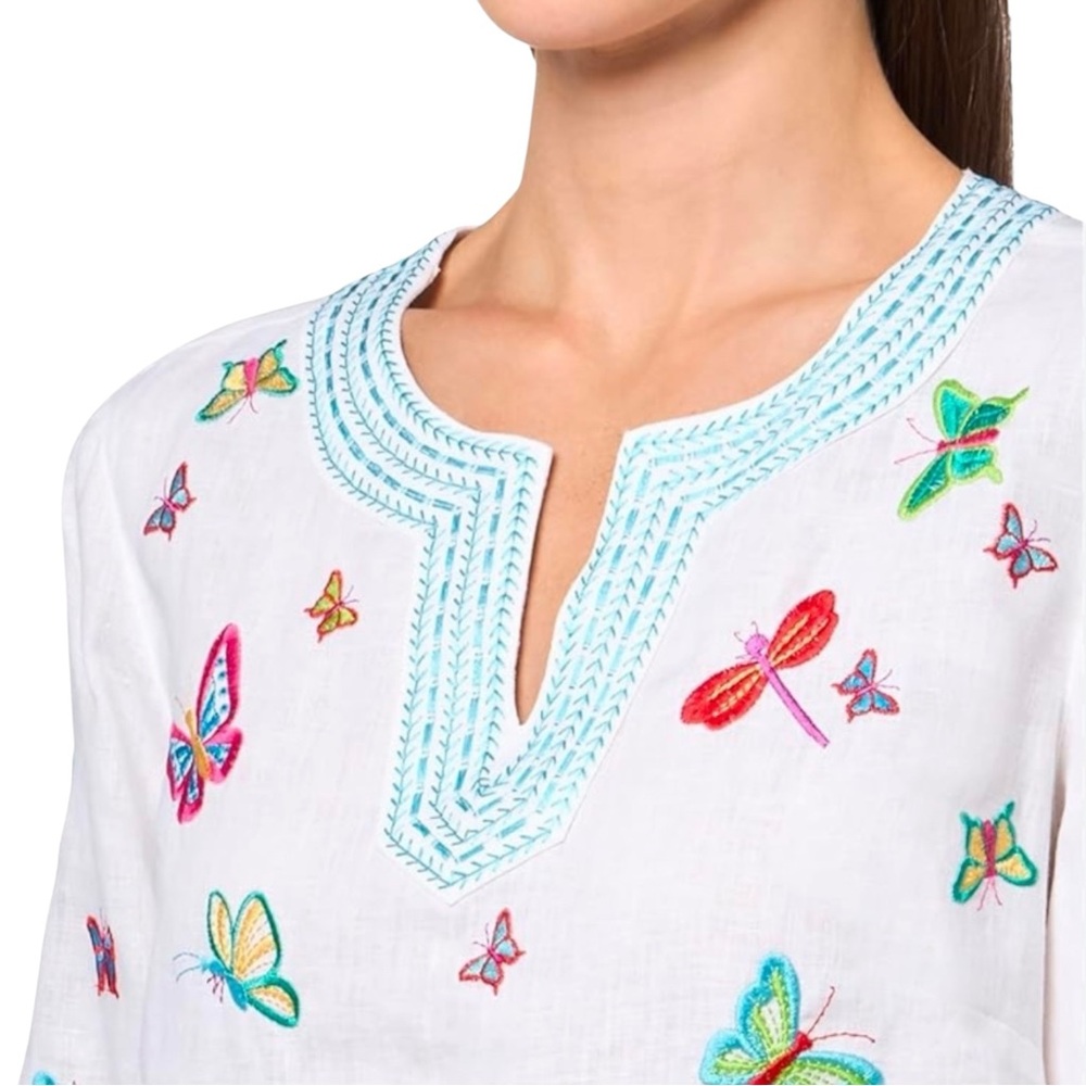 John Mark White Tunic with Multicolor Butterfly Embroidery and Aqua Trim - Picture 5 of 10